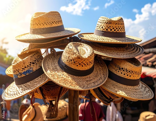 Straw hats on display for sale.