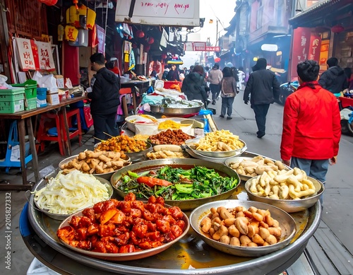 Street Food Market with Various Dishes.
