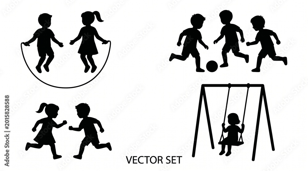 Fototapeta premium Kids playing outdoor activities silhouettes set - jumping rope soccer running