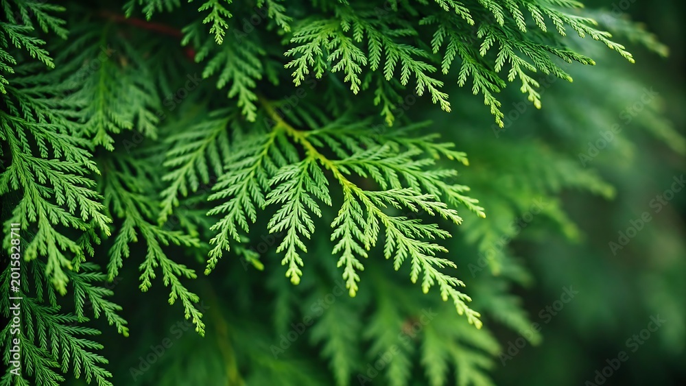Fototapeta premium Close-up of a vibrant green thuja branch with detailed needle texture in a peaceful garden setting