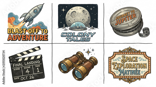 A Space Exploration scene with Space Shuttle, Colony Badge, Clapperboard, Binoculars and Space Matrix on a table for an Adventure Film Production