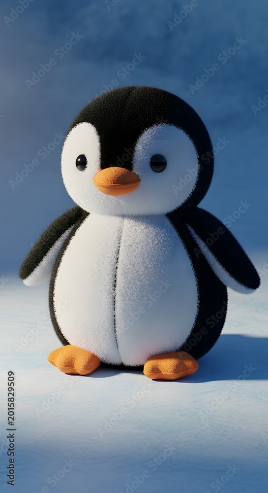 Fototapeta premium Cute Fluffy Penguin Toy on Ice in Blue Background