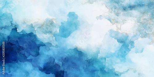 Photos An abstract light blue watercolor texture merges with a bright summer cloudscape