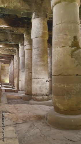 Beautiful interiors and ancient hieroglyphs in the Temple of Seti I in Abydos, Egypt.