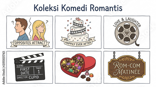 A romantic comedy scene unfolds with a couple laughing, surrounded by movie elements and sweet treats in a lively setting with film reels and clapboards nearby always.
