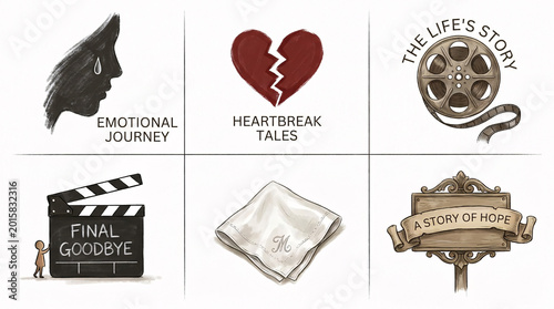 A cinematic collage depicts a person's emotional journey through heartbreak tales, a story of more, final goodbye, and a film reel, showcasing a story of hope and emotional depth.