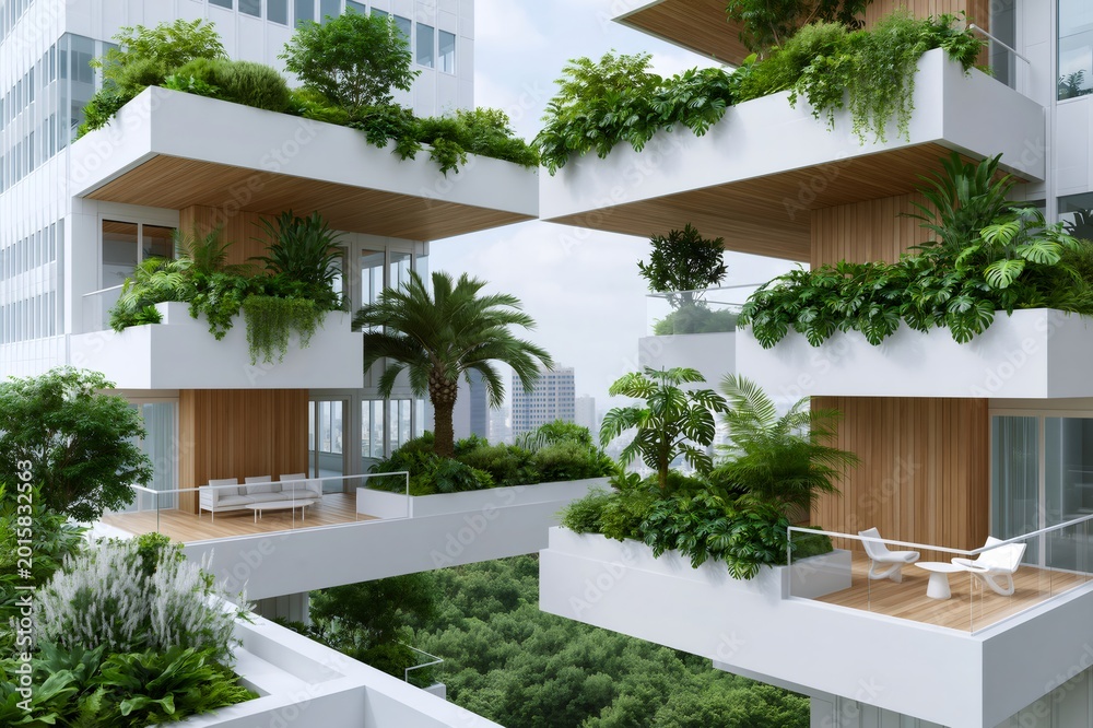 Naklejka premium Green architecture building with vertical gardens and lush plants