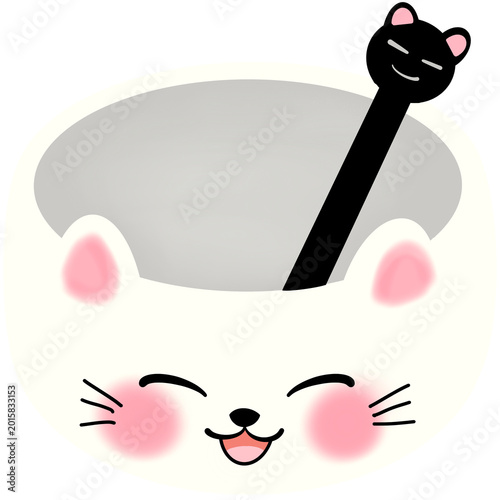 Kawaii Smiling White Cat Bowl with Black Spoon