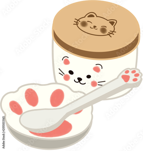Cute White Cat Dessert Cup with Paw Spoon Illustration