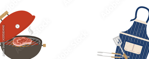 Bild auf Leinwand Barbecue banner with red kettle grill open lid and chef apron on white backgroun