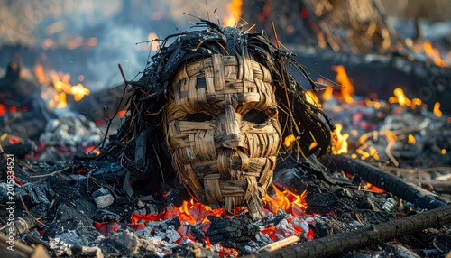 Woven straw effigy burning on a pyre