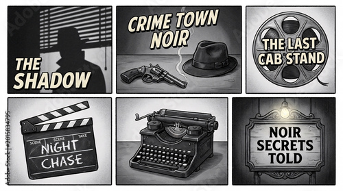 A cinematic montage of noir scenes depicting a crime town with a shadowy figure, guns, a clapperboard, and a typewriter, set in a dark and gritty urban environment at night.