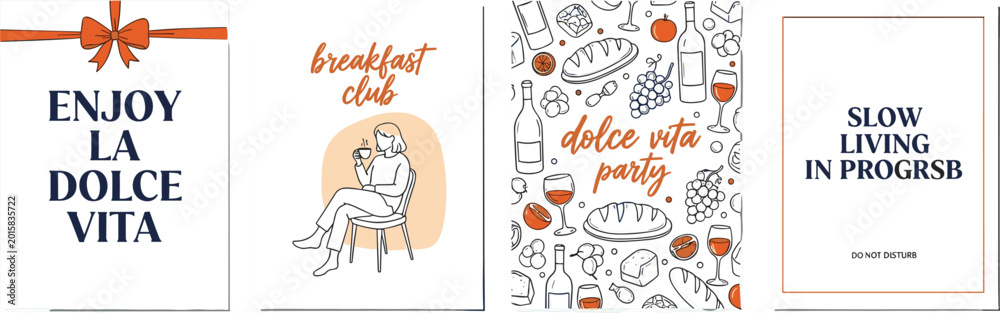 Fototapeta premium Vector bundle of four minimalist line art print designs with Italian dolce vita breakfast and slow living themes.