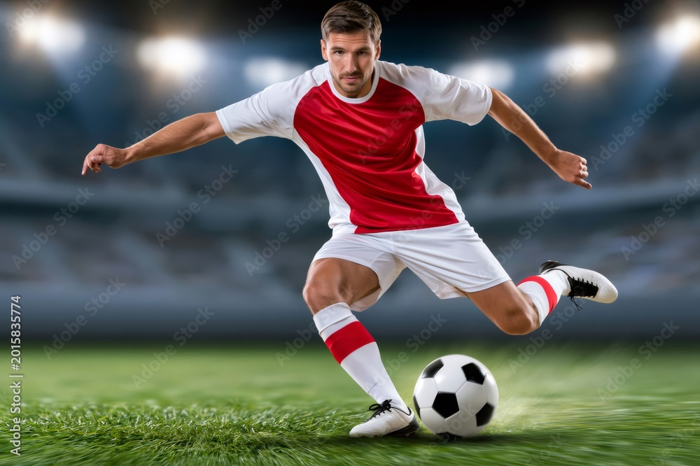 Obraz premium Soccer player kicking ball on stadium pitch