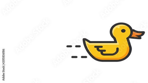 A simple, stylized yellow rubber ducky with a black outline, appearing to move quickly with dashed lines behind it.
