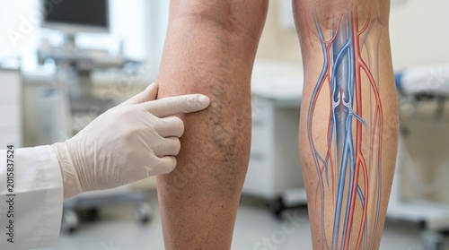 Vascular leg consult: examine patient, varicose vein, vascular problem, disease illustrate, human anatomy, medical checkup, blood vessel, body health, internal structure, disorder diagnose.