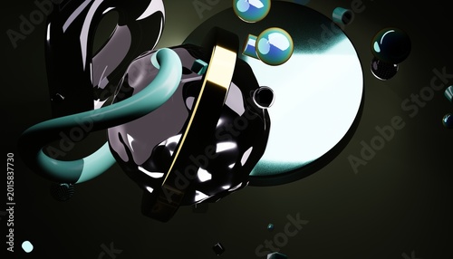 Cuadro en lienzo Sophisticated Cyberpunk Aesthetic Art: Glossy Black and Teal Forms on Dark Backg