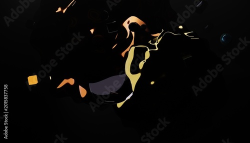 Foto Molten dark liquid core floating in black space with gold lighting