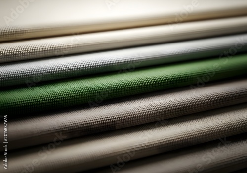 A stratified arrangement of richly textured woven materials in muted earth tones and a vibrant emerald hue displays subtle ribbing and a finely grained surface, showcasing tactile qualities