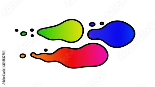 Abstract illustration of colorful blobs and droplets in motion, with a gradient of green, yellow, blue, red, and pink.