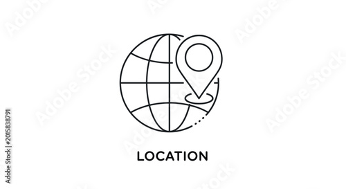 Simple line art globe with a location pin marker and the word location written below to denote geographical tracking and places.