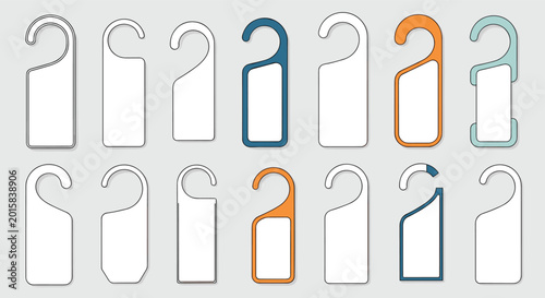 Row of door hanger tags in various colors and shapes used for hotel privacy notices, do not disturb signs, or promotional marketing.