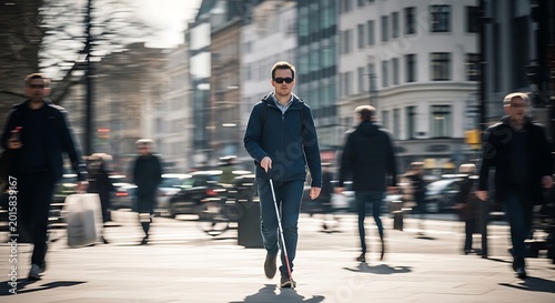 Visually Impaired Man Navigates Busy City Street
