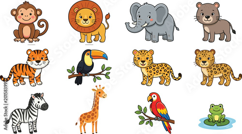 Photography Cute Cartoon Safari and Jungle Animal Vector Set Featuring Monkey, Lion, Elephan