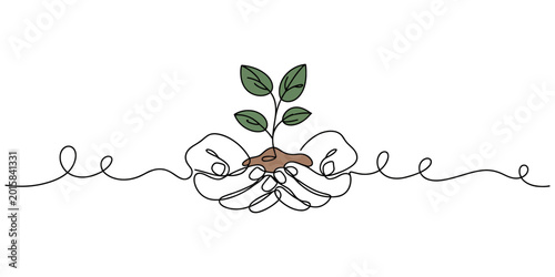 Continuous one line drawing two hands holding together a green young plant, Hand hold leaves branch continuous line drawing. Plant in human arm one line art. Vector illustration isolated on white. pro