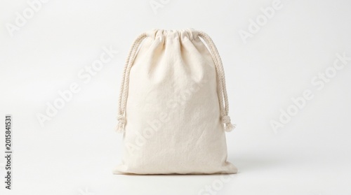 Light fabric drawstring bag upright on white surface, gathered closure at top, minimal eco-friendly design with small side tag, simple reusable storage pouch.