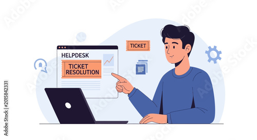 Man Resolving Helpdesk Tickets on Laptop, Digital Service Illustration