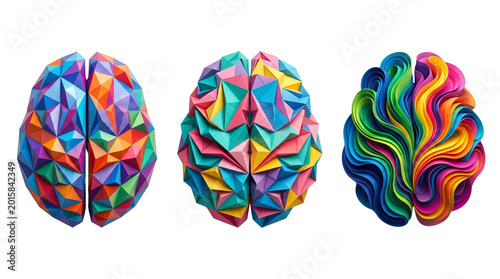 Colorful abstract human brain set, low poly and paper craft brain models, vibrant rainbow anatomical mind illustrations for mental health isolated PNG with Transparent Background