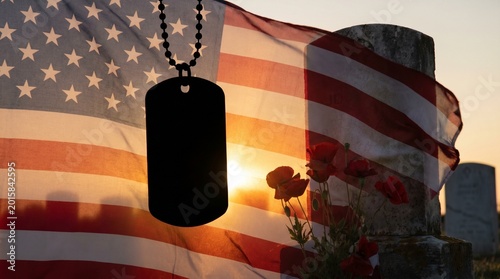 Silhouette of military dog tags against an American flag and cemetery tombstones at sunset.