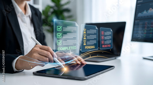 Electronic document management system concept. Business person using tablet with virtual screen showing completed, pending, and rejected approval process.
