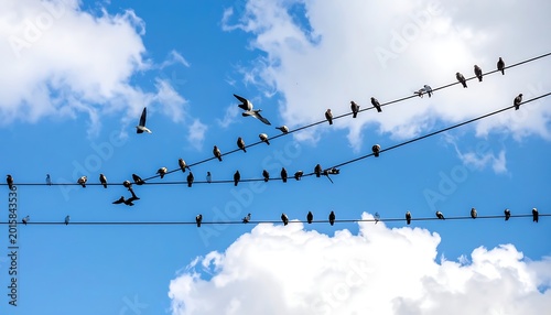 Birds on power lines against blue sky with clouds