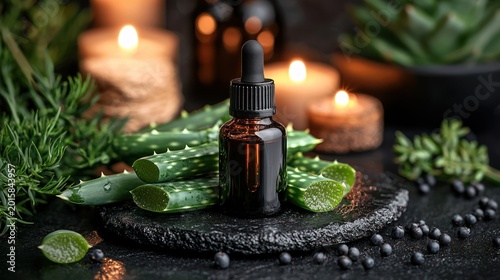 A dark glass bottle with dropper sits amid fresh aloe vera, candles, and greenery