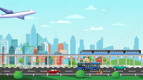 Photos Modern City Landscape with Urban Transportation, Skyscraper Skyline, and Infrast