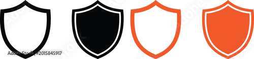 Set of four different shield icons in black and orange outline and solid styles Vector