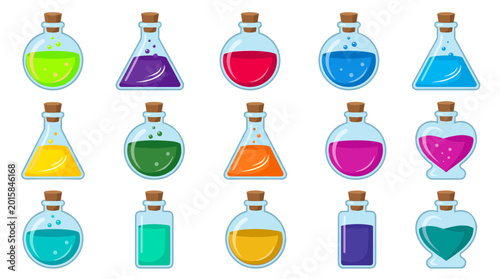 Foto Magic Potion Bottle Vector Set Featuring Colorful Alchemy Flasks, Fantasy Elixir