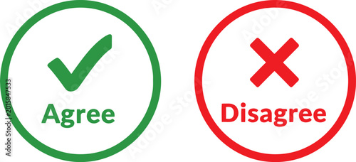 Schilderij op canvas Agree and disagree buttons with green check mark and red cross icons Vector