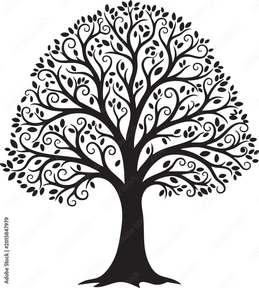 Obraz premium Adobe Illustrator ArtSilhouette of a decorative tree with intricate calligraphy brancheswork, Generative Ai