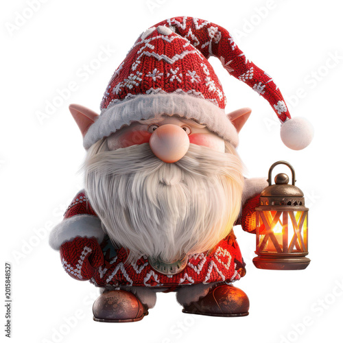 Holiday Gnome with Lantern: A charming gnome, adorned in festive attire, stands with a warm lantern aglow in his hand, a symbol of cheer and light during the holiday season.