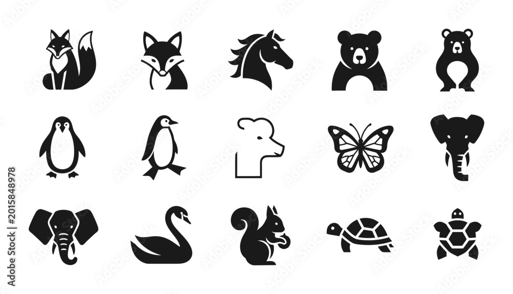 Fototapeta premium 15 Wild Animal silhouette icons fox horse bear penguin butterfly elephant swan, solid black style, nature set