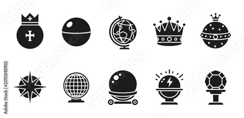 Konstfotografi 10 Royal Artifact silhouette icons crown globe orb diamond, solid black style, h