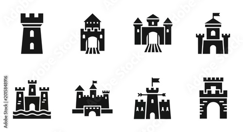 Foto 8 Castle silhouette icons tower fortress gate, solid black style, medieval archi