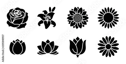 Принти на полотні 8 Flower silhouette icons rose lily sunflower lotus tulip daisy, solid black sty