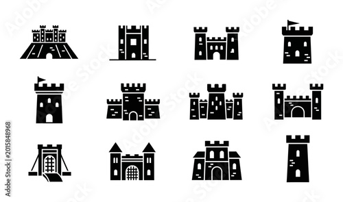 Foto 12 Castle silhouette icons towers fortress gates, solid black style, medieval ar