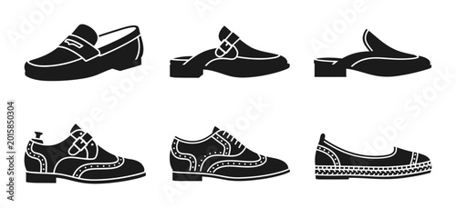 Obraz na płótnie 6 Footwear silhouette icons loafers oxfords mules, solid black style, fashion ap