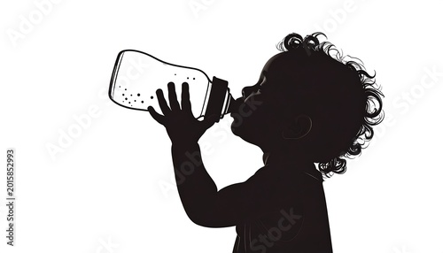 A silhouette depicts a young child drinking from a bottle, profile view, against a white background. Curly hair