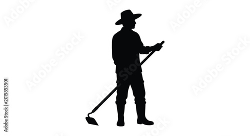 Photos Farmer with hoe and hat black silhouette on a white background